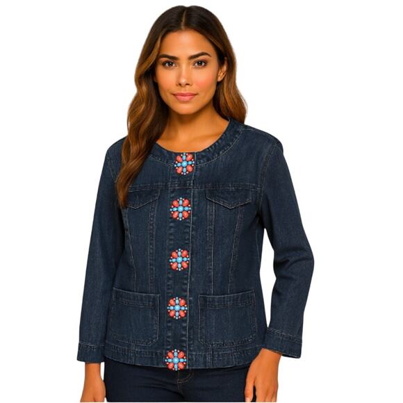 RUBY RD Aztec Bling Button Denim Jacket Petite Size 14 - Picture 1 of 5